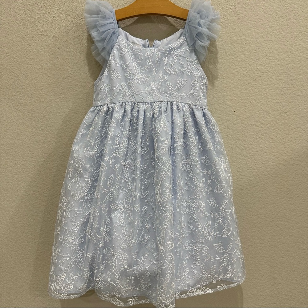 Pippa and Julie Blue Embroidered Flutter Sleeve Kids Dress